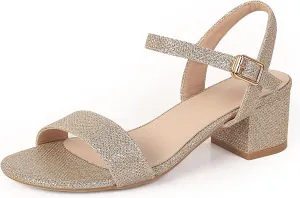 kkdom Women's Open Toe Ankle Strap Glitter Low Block Chunky Heels Sandals Dress Pumps