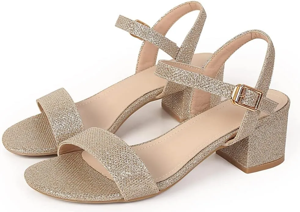 kkdom Women's Open Toe Ankle Strap Glitter Low Block Chunky Heels Sandals Dress Pumps