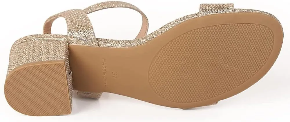 kkdom Women's Open Toe Ankle Strap Glitter Low Block Chunky Heels Sandals Dress Pumps