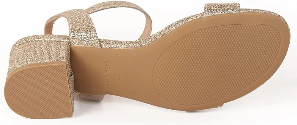 kkdom Women's Open Toe Ankle Strap Glitter Low Block Chunky Heels Sandals Dress Pumps