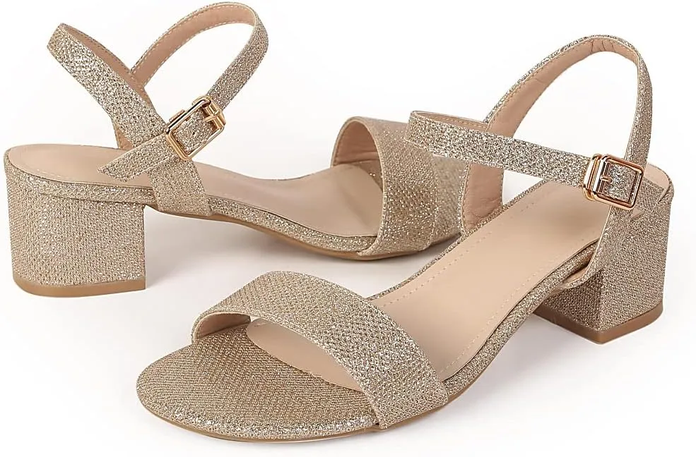 kkdom Women's Open Toe Ankle Strap Glitter Low Block Chunky Heels Sandals Dress Pumps