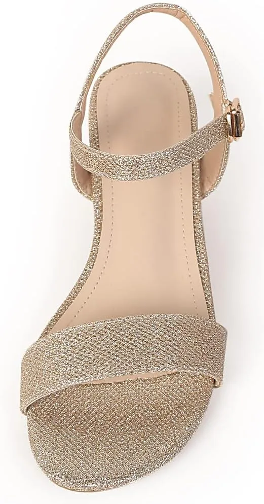 kkdom Women's Open Toe Ankle Strap Glitter Low Block Chunky Heels Sandals Dress Pumps