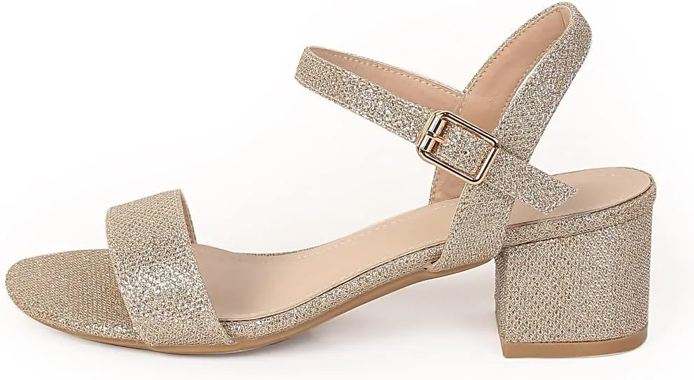 kkdom Women's Open Toe Ankle Strap Glitter Low Block Chunky Heels Sandals Dress Pumps