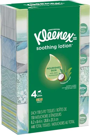 Kleenex Soothing Lotion Facial Tissues, 4 Flat Boxes, 110 Tissues Per Box (440 Tissues Total), Coconut Oil, Aloe & Vitamin E