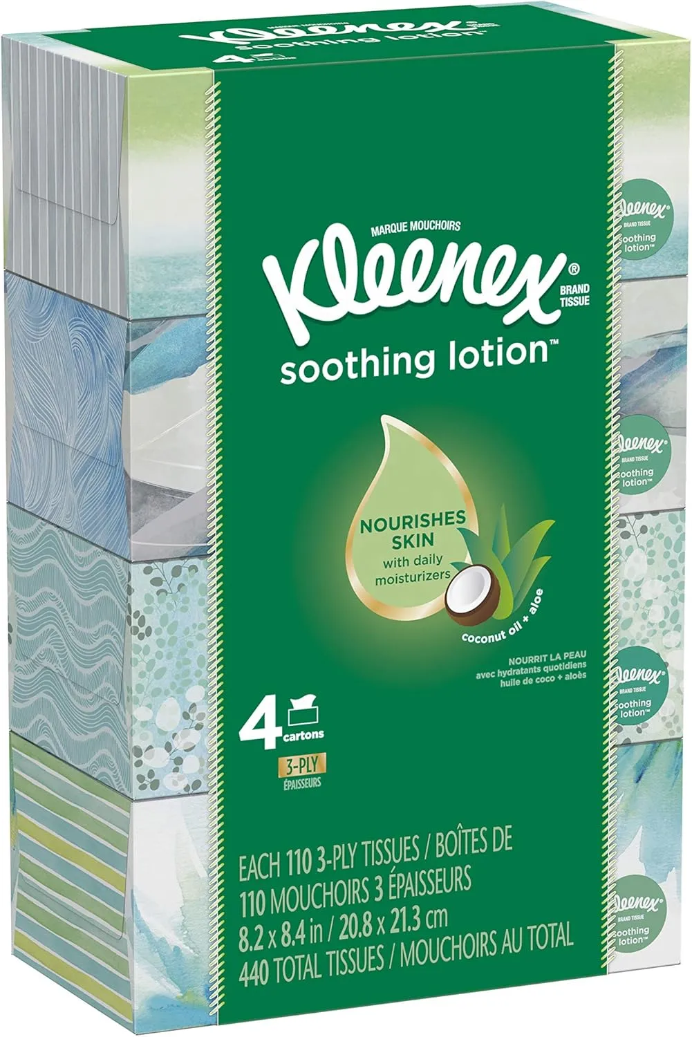 Kleenex Soothing Lotion Facial Tissues, 4 Flat Boxes, 110 Tissues Per Box (440 Tissues Total), Coconut Oil, Aloe & Vitamin E