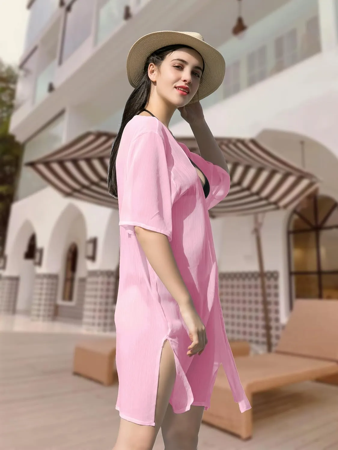 LA CARRIE Women's Chiffon Kimono Cardigan Cover Up with Half Sleeve Summer Sheer Beachwear Swimsuit for Bikini