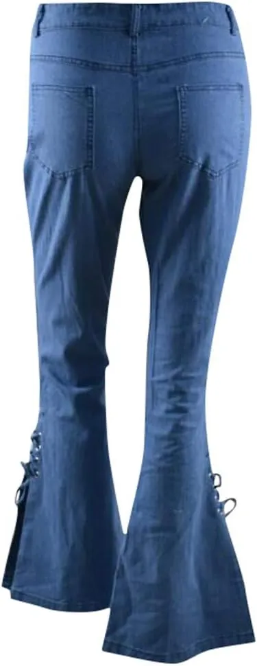 Lace-up Flare Bell Bottom Jeans for Women Mid Waisted Wide Leg Bootcut Jeans Trousers with Pockets