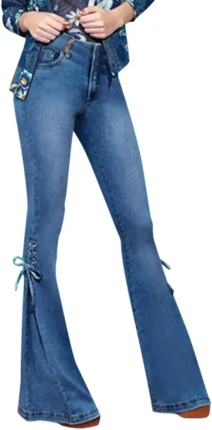 Lace-up Flare Bell Bottom Jeans for Women Mid Waisted Wide Leg Bootcut Jeans Trousers with Pockets