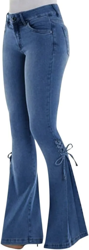 Lace-up Flare Bell Bottom Jeans for Women Mid Waisted Wide Leg Bootcut Jeans Trousers with Pockets