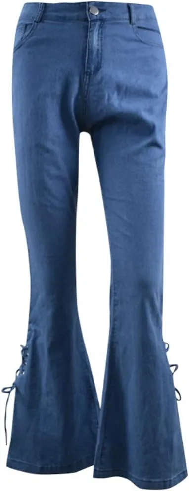 Lace-up Flare Bell Bottom Jeans for Women Mid Waisted Wide Leg Bootcut Jeans Trousers with Pockets