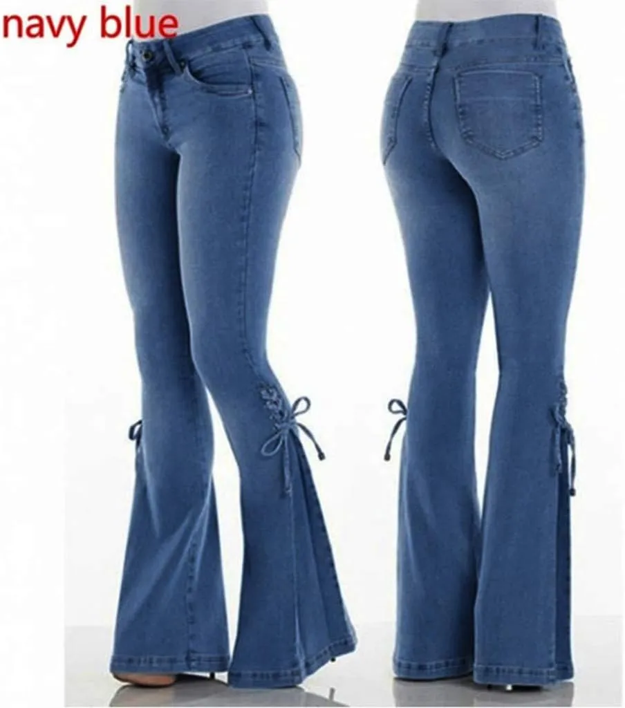 Lace-up Flare Bell Bottom Jeans for Women Mid Waisted Wide Leg Bootcut Jeans Trousers with Pockets