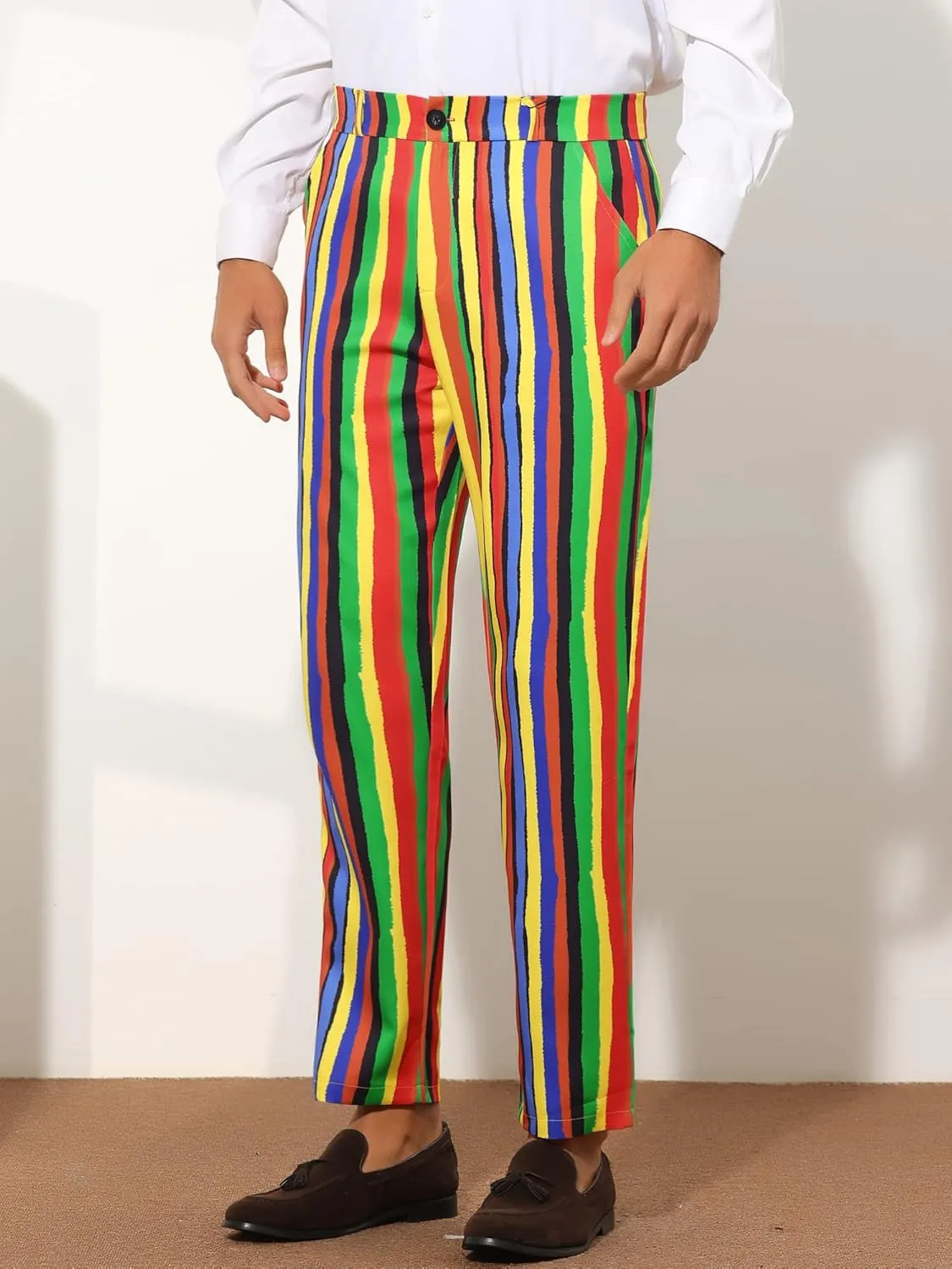 Lars Amadeus Rainbow Pants for Men's Regular Fit Flat Front Color Block Stripe Dress Trousers