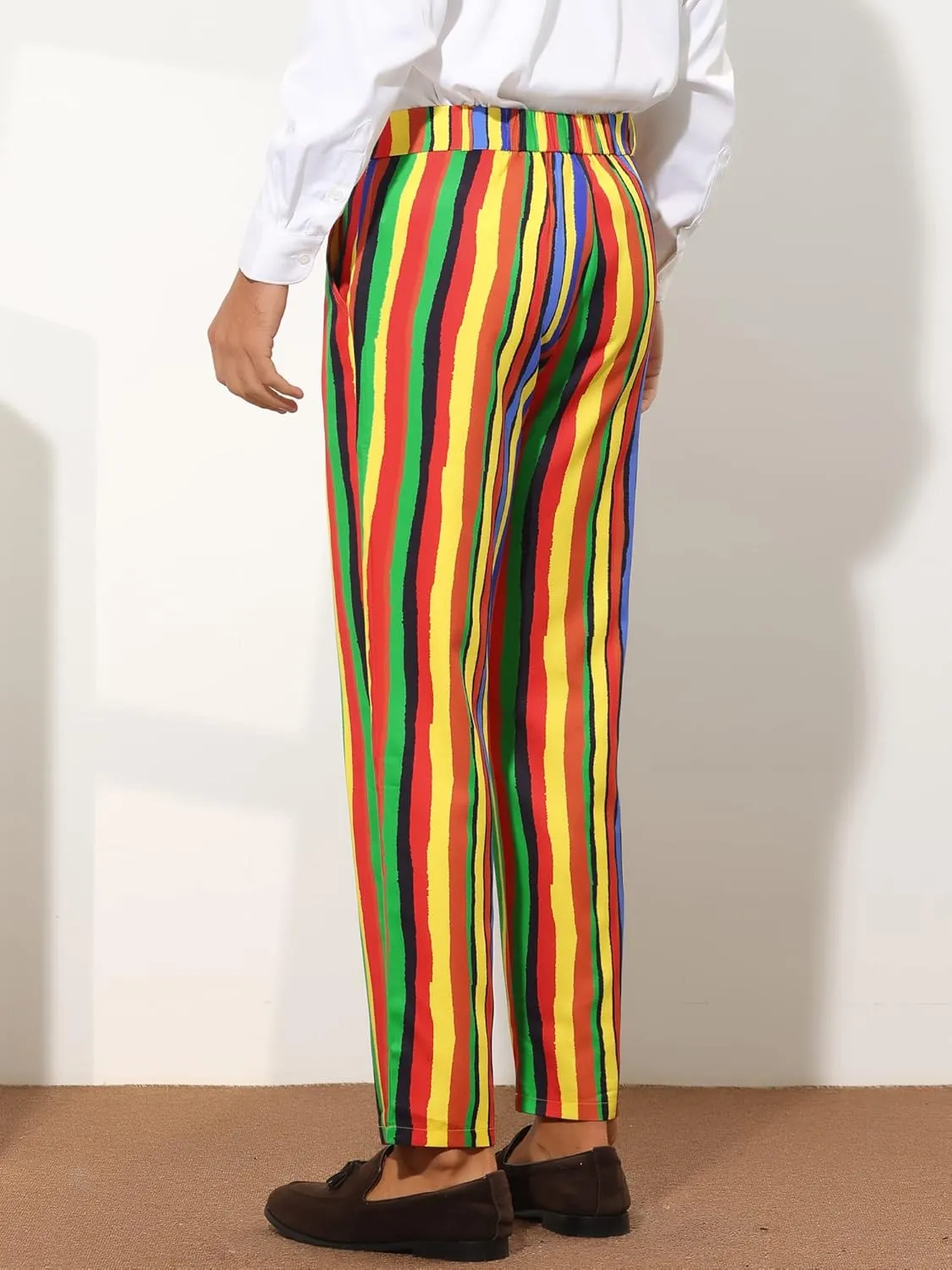Lars Amadeus Rainbow Pants for Men's Regular Fit Flat Front Color Block Stripe Dress Trousers