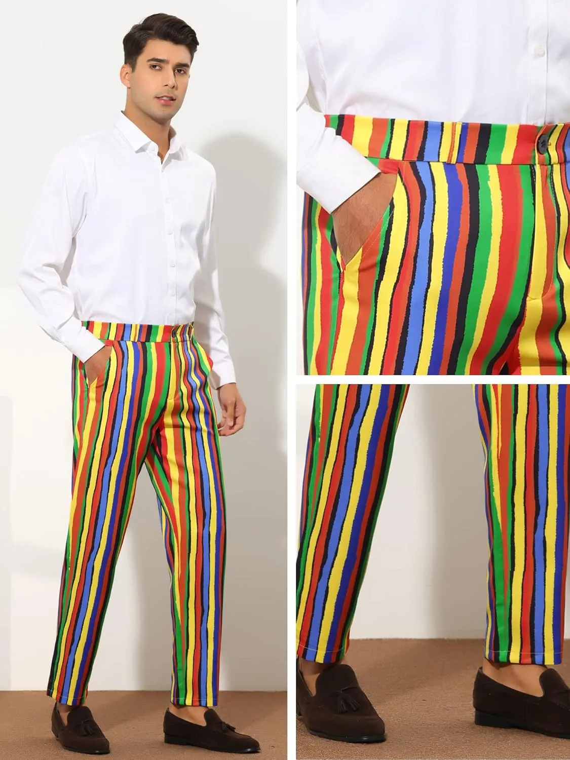 Lars Amadeus Rainbow Pants for Men's Regular Fit Flat Front Color Block Stripe Dress Trousers