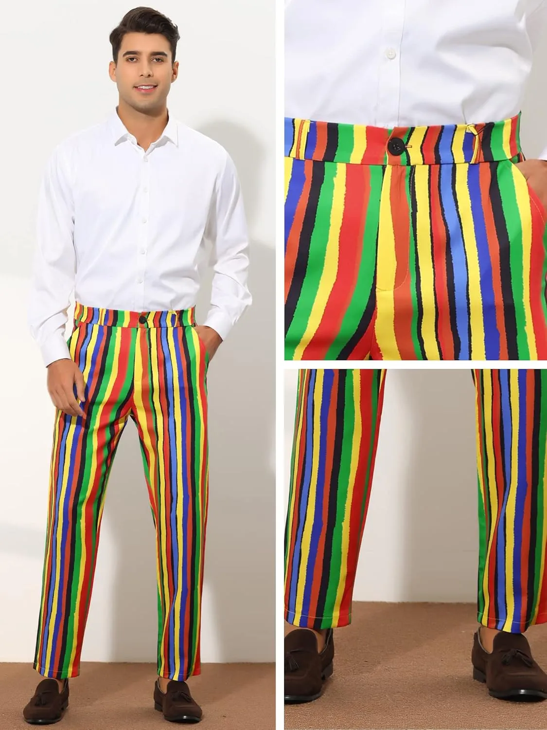 Lars Amadeus Rainbow Pants for Men's Regular Fit Flat Front Color Block Stripe Dress Trousers