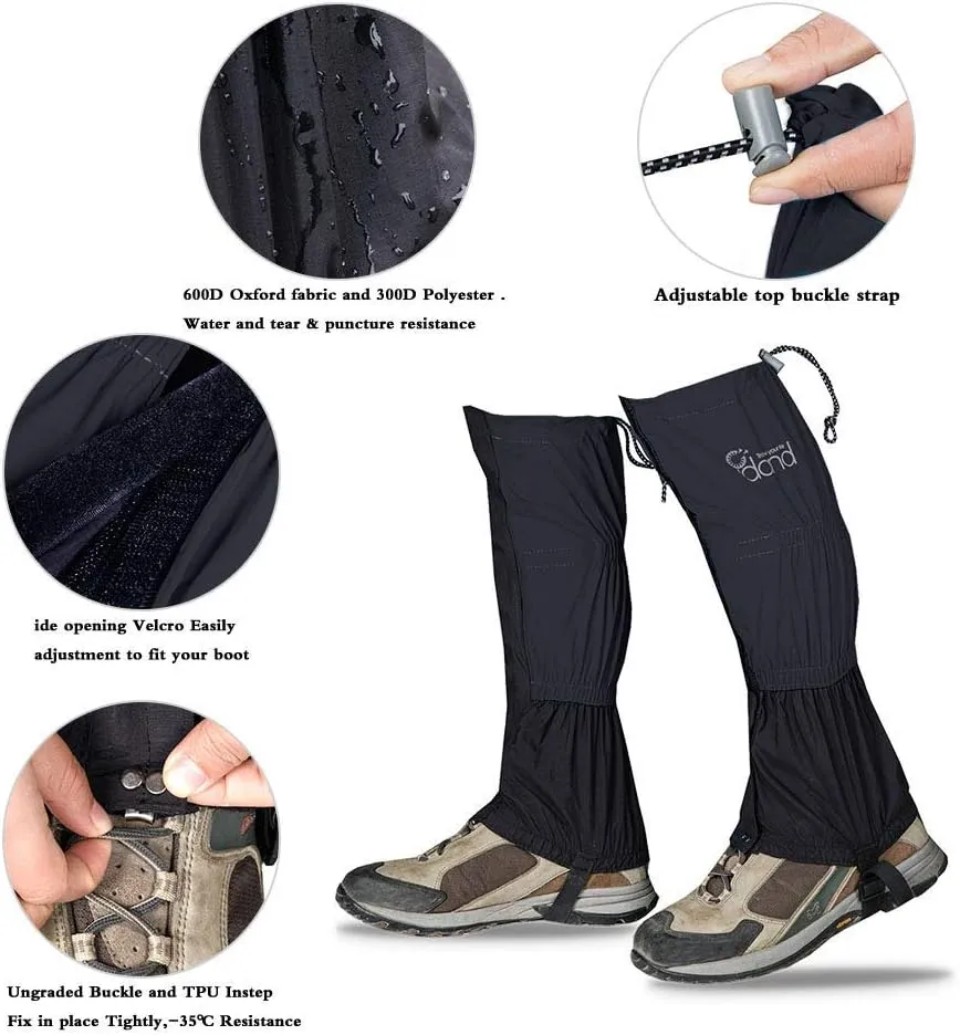 Leg Gaiters Waterproof Snow Boot Gaiters for Snowshoeing, Hiking, Hunting, Running, Motorcycle Anti-Tear Oxford Fabric, TPU Instep Belt Metal Shoelace Hook for Outdoor