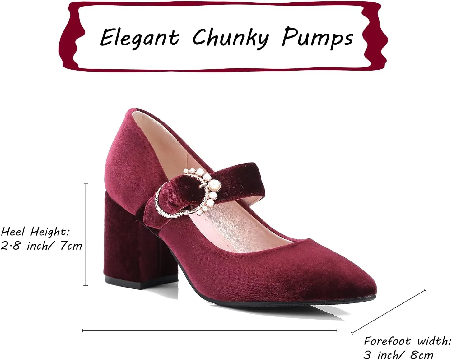 LEHOOR Women Chunky Heel Closed Pointed Toe Mary Jane Pumps Metal Buckle with Pearl Ankle Strap Mary Jane Heels Velvet Comfort Vintage Dress Shoes Block Heel Retro Bridal Party 4-11 M US