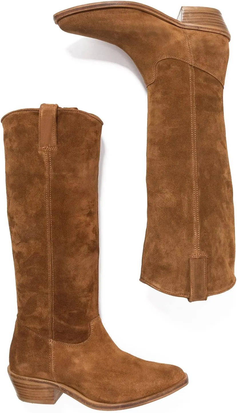 LEHOOR Women Low Stacked Heel Slouchy Knee High Western Boots Pointed Square Toe Velvet Suede 1.5" Chunky Heels Cowboy Boots Wide Calf Pull On Combat Boots Dressy Comfort Casual Winter Retro 4-13 M US