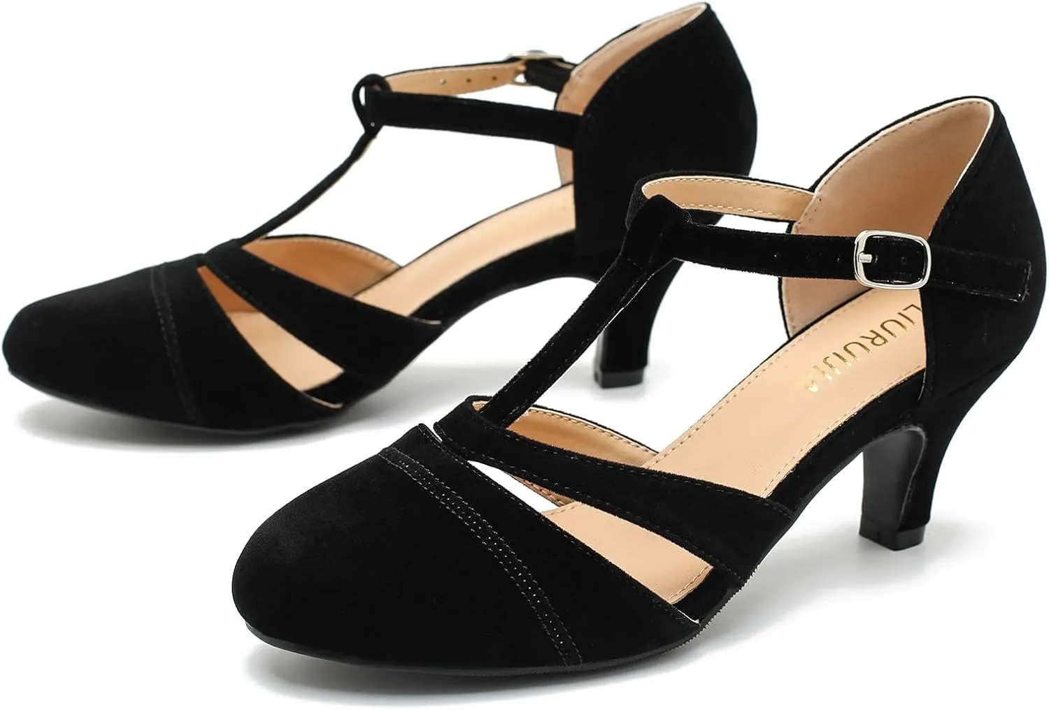LIRUIJIA Women's Closed Toe Low Kitten Heels Cutout T-Strap Pumps Closed Toe Mary Janes Shoes for Wedding Ballroom Dance