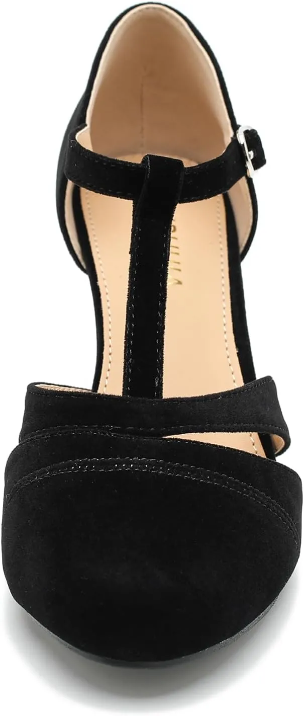 LIRUIJIA Women's Closed Toe Low Kitten Heels Cutout T-Strap Pumps Closed Toe Mary Janes Shoes for Wedding Ballroom Dance