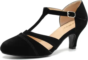 LIRUIJIA Women's Closed Toe Low Kitten Heels Cutout T-Strap Pumps Closed Toe Mary Janes Shoes for Wedding Ballroom Dance