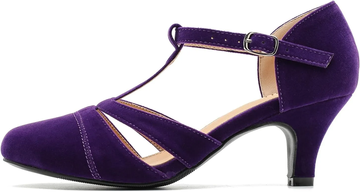 LIRUIJIA Women's Closed Toe Low Kitten Heels Cutout T-Strap Pumps Closed Toe Mary Janes Shoes for Wedding Ballroom Dance