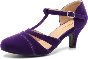LIRUIJIA Women's Closed Toe Low Kitten Heels Cutout T-Strap Pumps Closed Toe Mary Janes Shoes for Wedding Ballroom Dance
