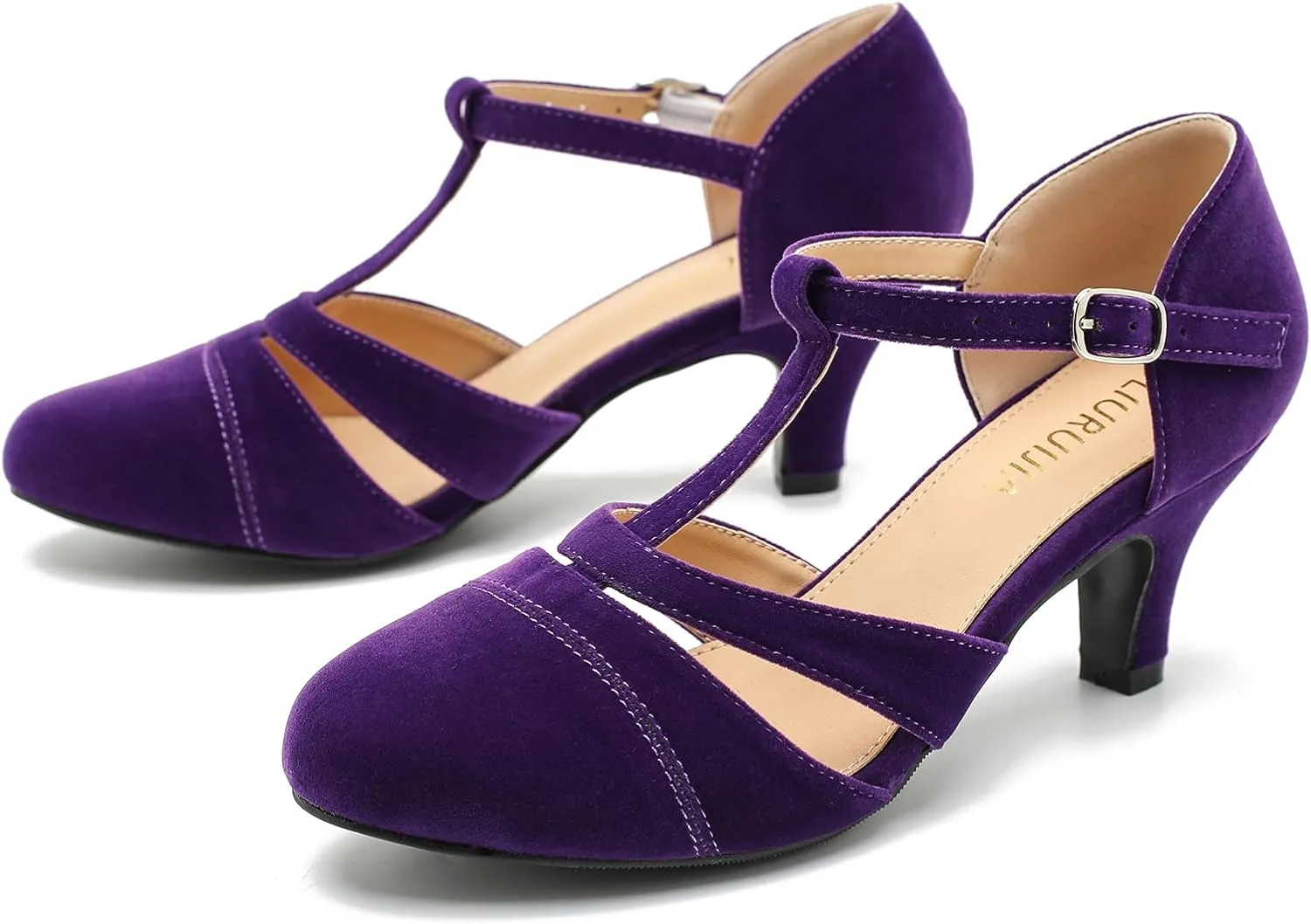 LIRUIJIA Women's Closed Toe Low Kitten Heels Cutout T-Strap Pumps Closed Toe Mary Janes Shoes for Wedding Ballroom Dance