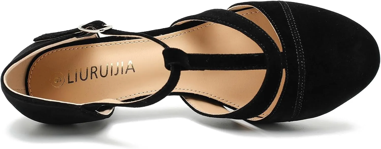 LIRUIJIA Women's Closed Toe Low Kitten Heels Cutout T-Strap Pumps Closed Toe Mary Janes Shoes for Wedding Ballroom Dance