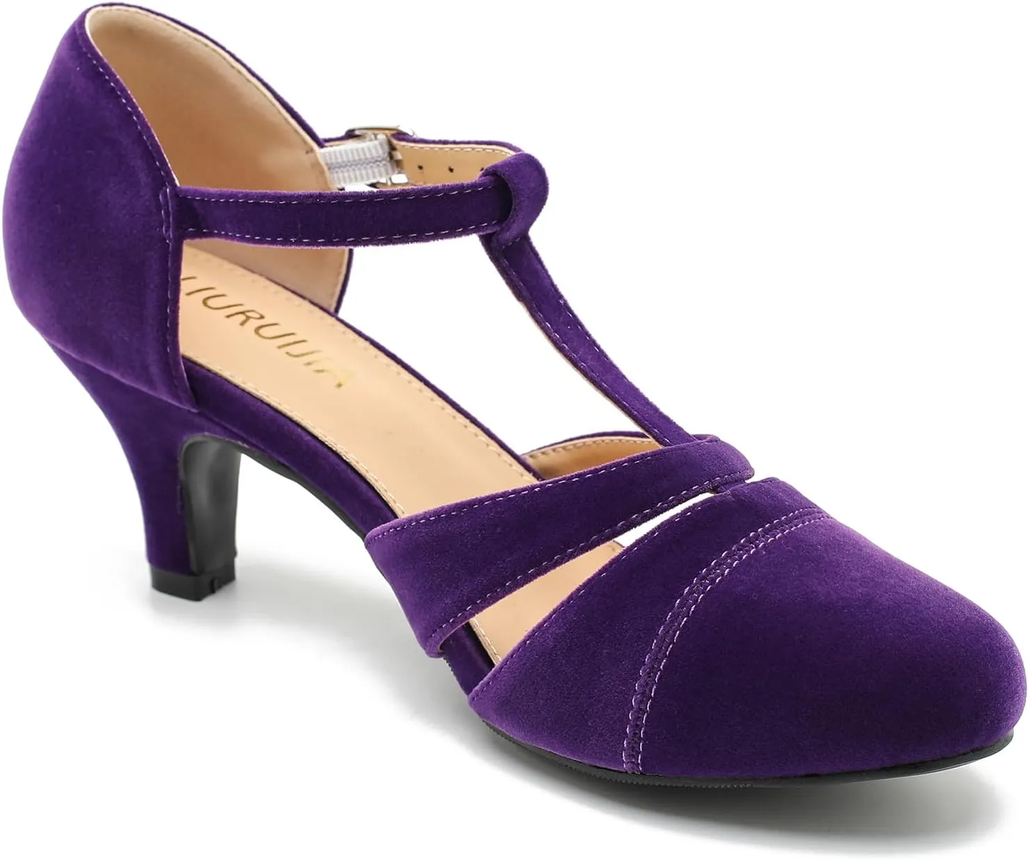 LIRUIJIA Women's Closed Toe Low Kitten Heels Cutout T-Strap Pumps Closed Toe Mary Janes Shoes for Wedding Ballroom Dance
