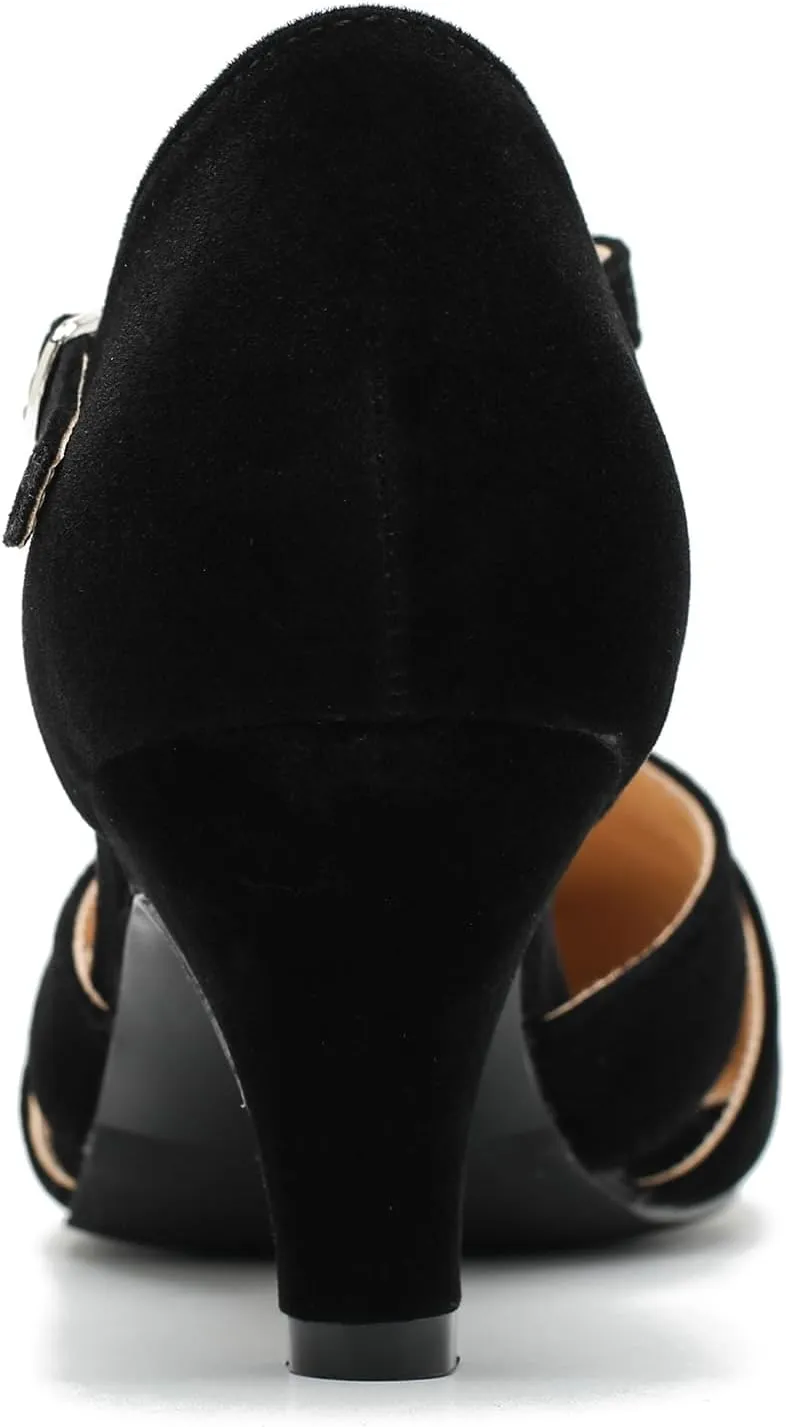 LIRUIJIA Women's Closed Toe Low Kitten Heels Cutout T-Strap Pumps Closed Toe Mary Janes Shoes for Wedding Ballroom Dance