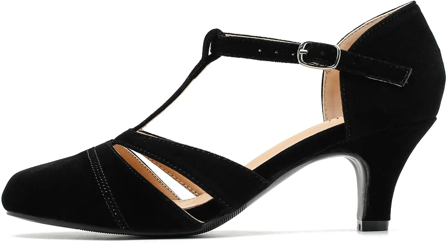LIRUIJIA Women's Closed Toe Low Kitten Heels Cutout T-Strap Pumps Closed Toe Mary Janes Shoes for Wedding Ballroom Dance