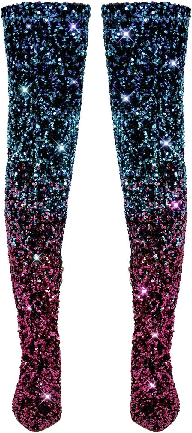 LISHAN Women's Nightclub Over Knee Thigh High Boots Glitter Sequince Sparkly Pointed Toe Stilettos