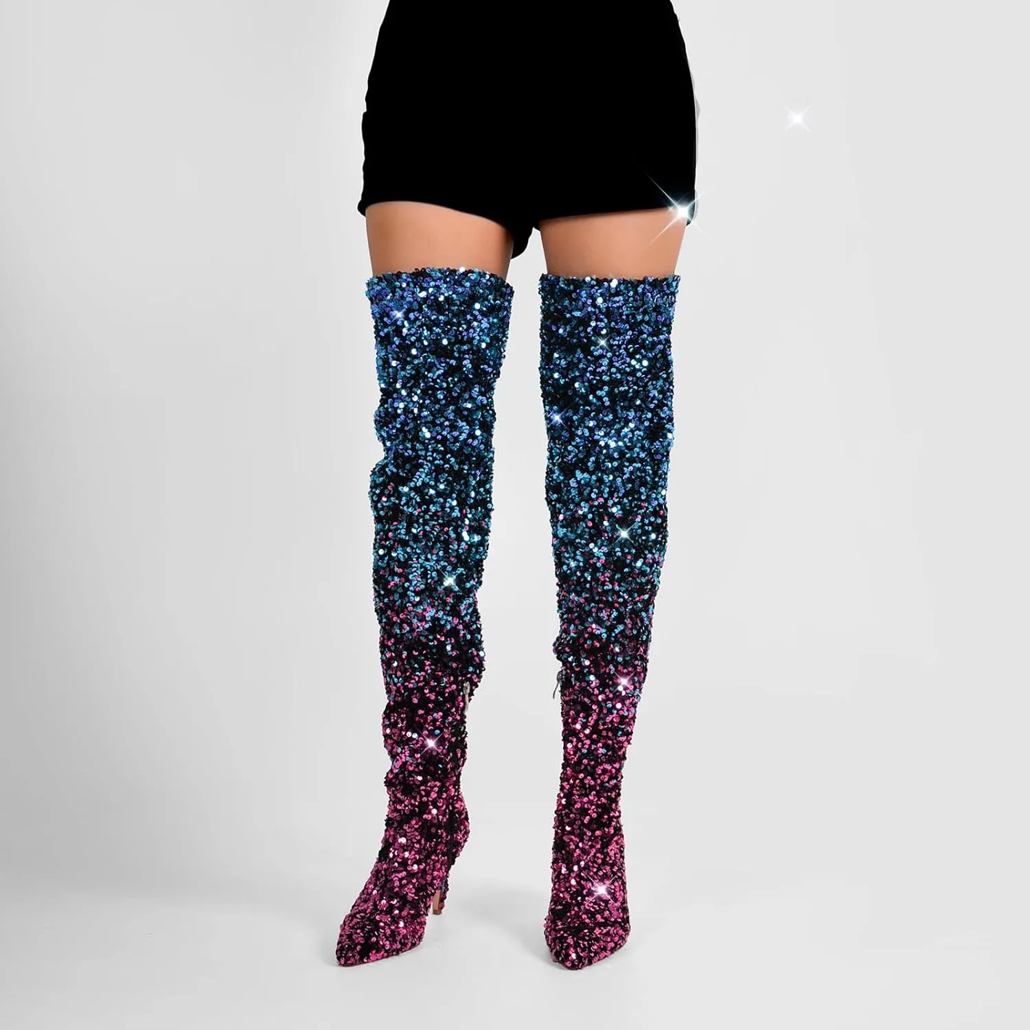 LISHAN Women's Nightclub Over Knee Thigh High Boots Glitter Sequince Sparkly Pointed Toe Stilettos