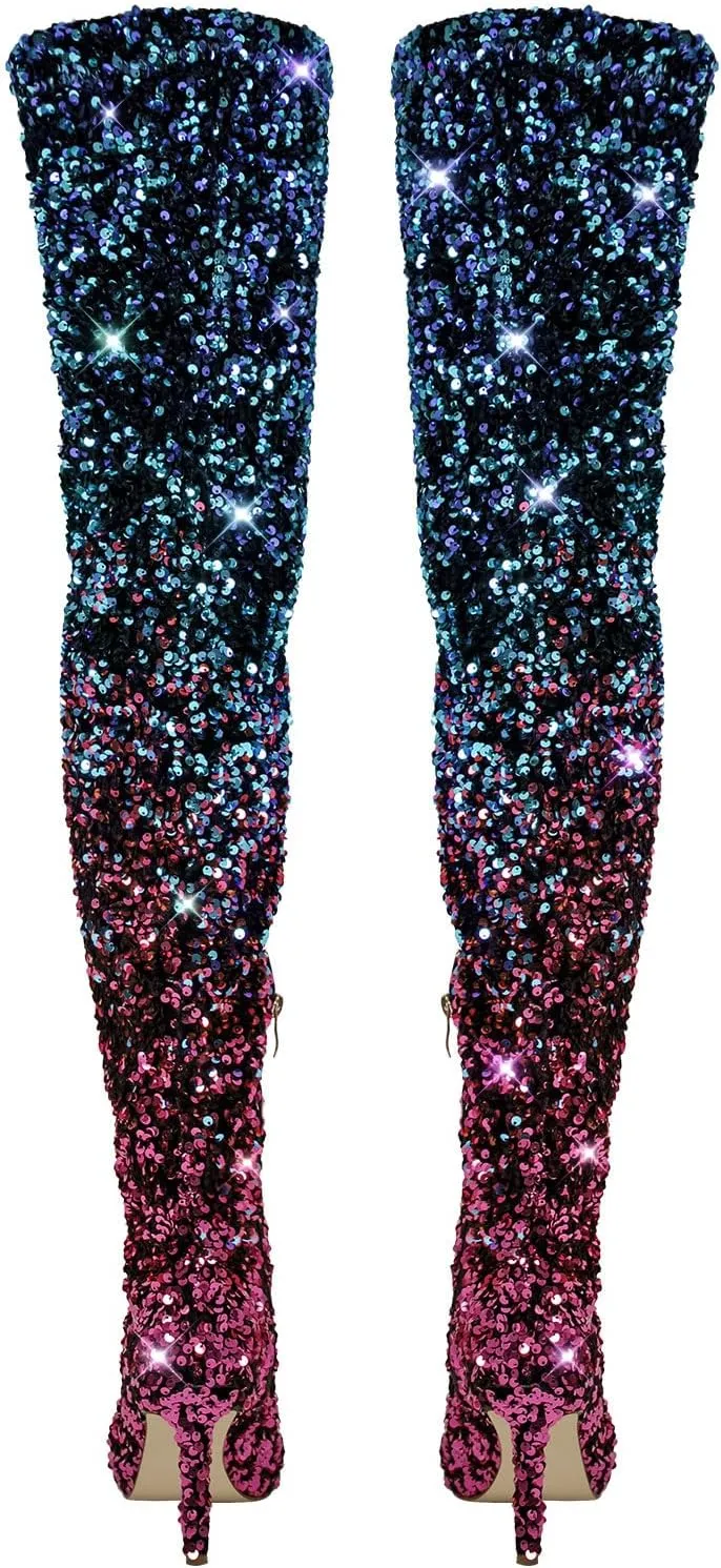 LISHAN Women's Nightclub Over Knee Thigh High Boots Glitter Sequince Sparkly Pointed Toe Stilettos