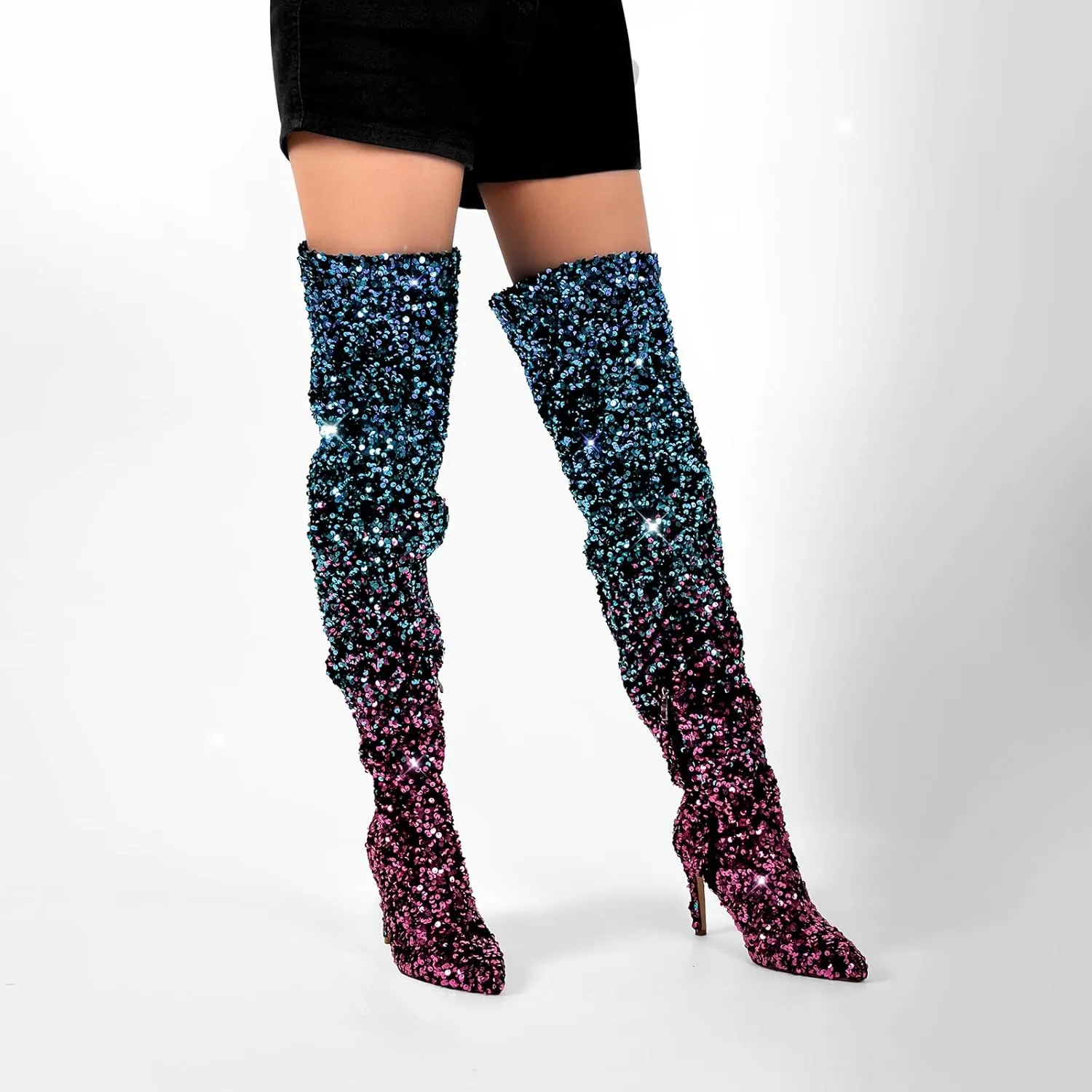 LISHAN Women's Nightclub Over Knee Thigh High Boots Glitter Sequince Sparkly Pointed Toe Stilettos