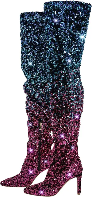 LISHAN Women's Nightclub Over Knee Thigh High Boots Glitter Sequince Sparkly Pointed Toe Stilettos