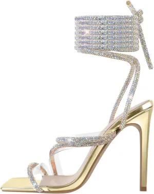 LISHAN Women's Slim High Heel Stilettos Rhinestone Glitter Crystal Sandals