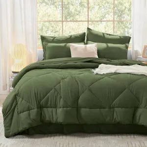 Litanika King Size Comforter Set with Sheets Olive Green - 7 Pieces Bed in a Bag King Beddding Sets, Solid Lightweight Reversible Bed Set with Comforter, Sheets, Pillowcases & Shams