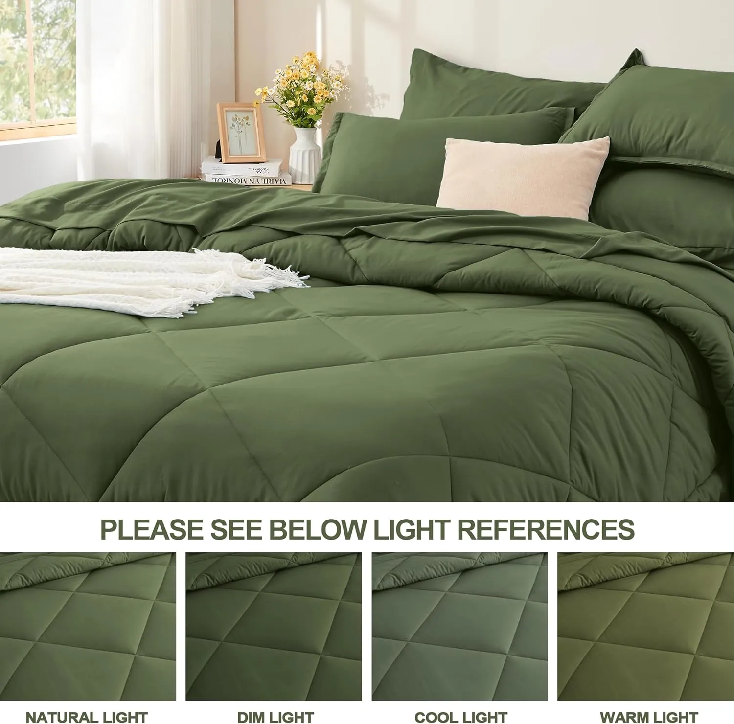 Litanika King Size Comforter Set with Sheets Olive Green - 7 Pieces Bed in a Bag King Beddding Sets, Solid Lightweight Reversible Bed Set with Comforter, Sheets, Pillowcases & Shams