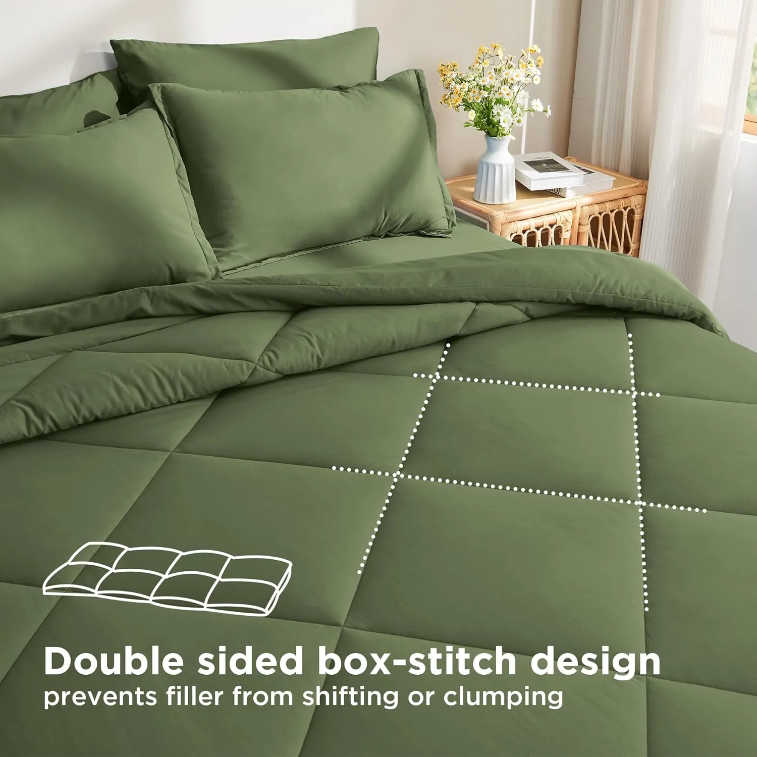 Litanika King Size Comforter Set with Sheets Olive Green - 7 Pieces Bed in a Bag King Beddding Sets, Solid Lightweight Reversible Bed Set with Comforter, Sheets, Pillowcases & Shams