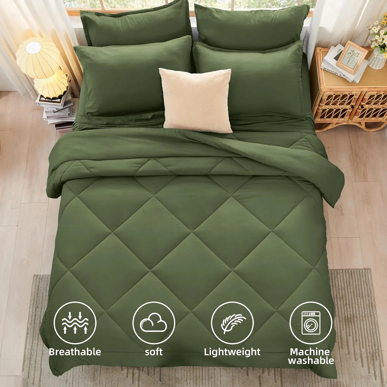 Litanika King Size Comforter Set with Sheets Olive Green - 7 Pieces Bed in a Bag King Beddding Sets, Solid Lightweight Reversible Bed Set with Comforter, Sheets, Pillowcases & Shams