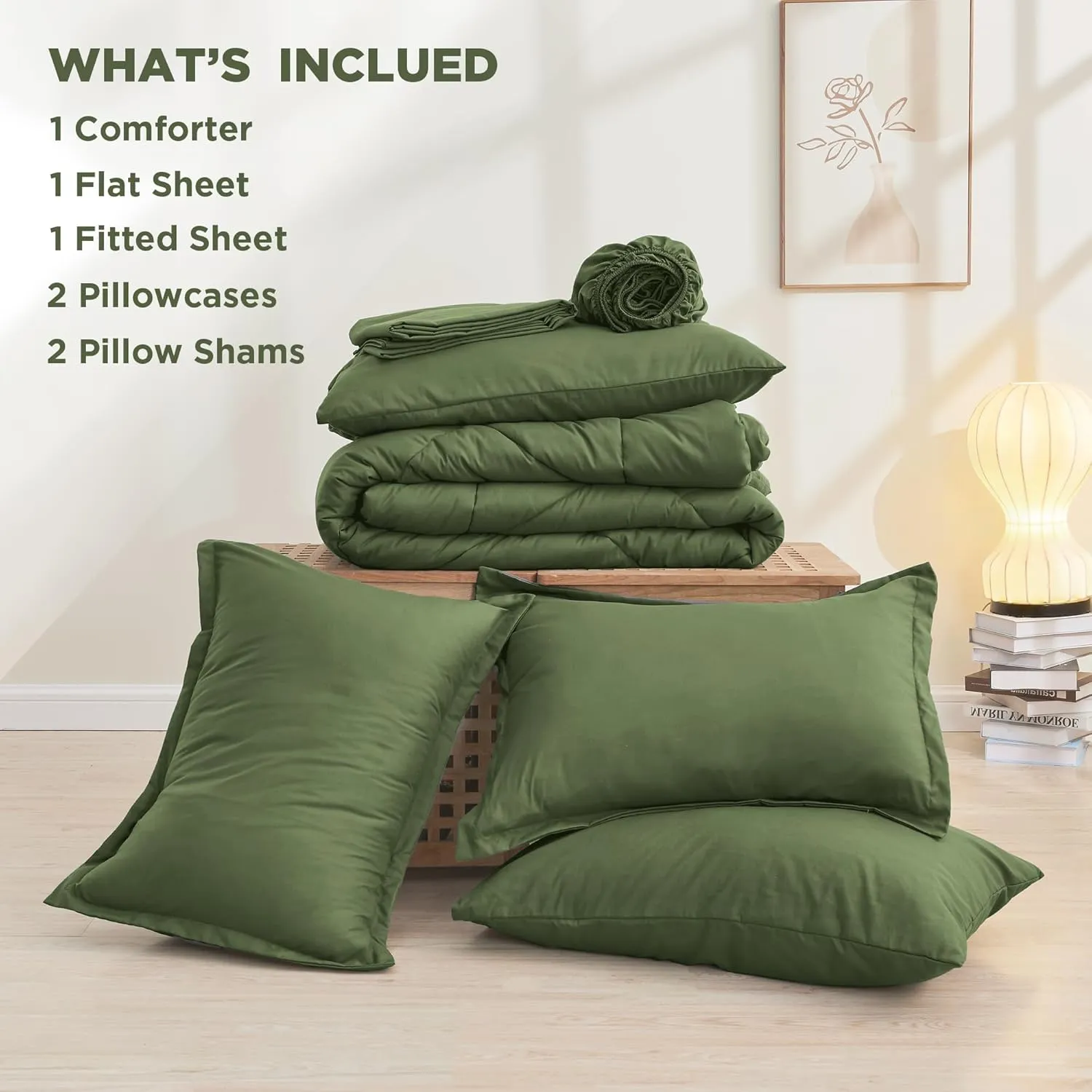 Litanika King Size Comforter Set with Sheets Olive Green - 7 Pieces Bed in a Bag King Beddding Sets, Solid Lightweight Reversible Bed Set with Comforter, Sheets, Pillowcases & Shams