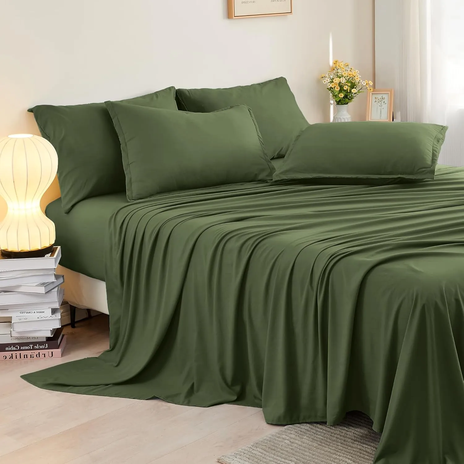 Litanika King Size Comforter Set with Sheets Olive Green - 7 Pieces Bed in a Bag King Beddding Sets, Solid Lightweight Reversible Bed Set with Comforter, Sheets, Pillowcases & Shams