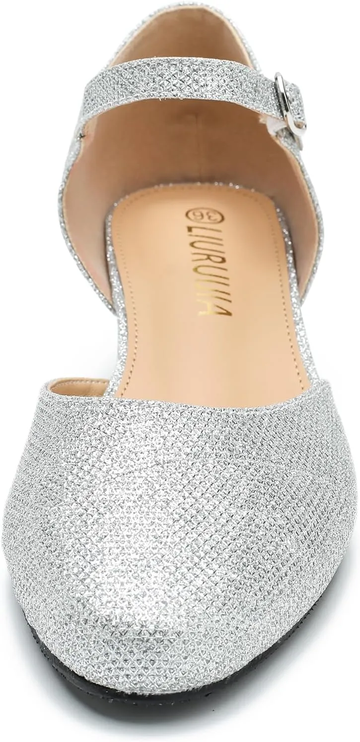 LIURUIJIA Women's Low Heels Dress Shoes Comfortable Closed Toe D'Orsay Pumps Ankle Strap Chunky Heels