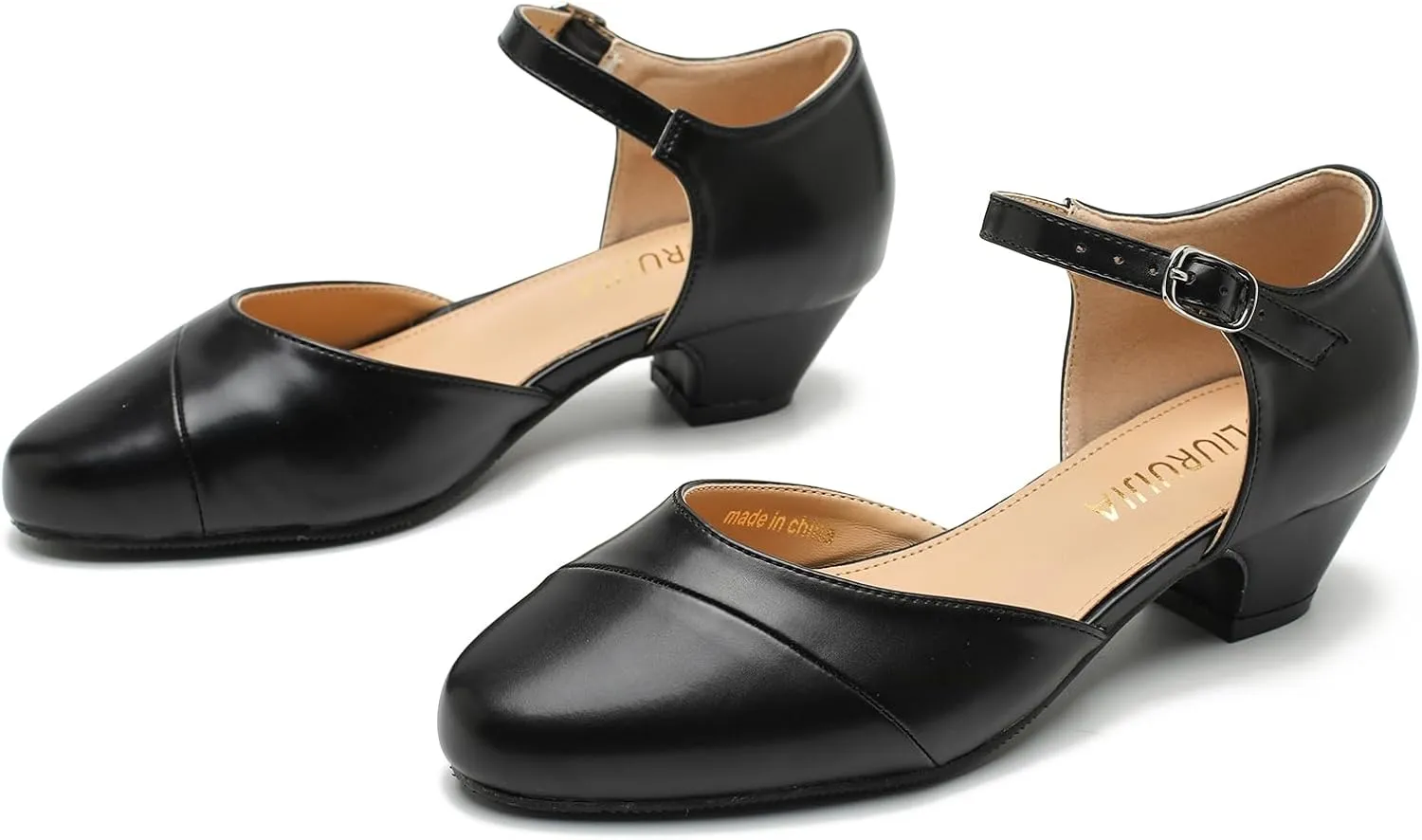 LIURUIJIA Women's Low Heels Dress Shoes Comfortable Closed Toe D'Orsay Pumps Ankle Strap Chunky Heels