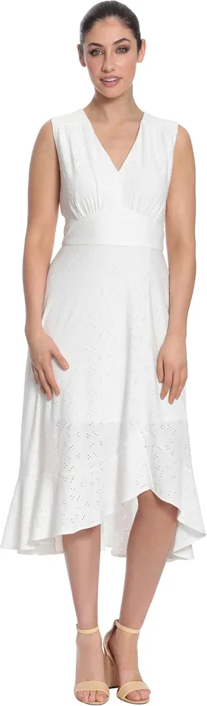 London Times Women's Sleeveless V-Neck Hi-Low Fit and Flare Dress