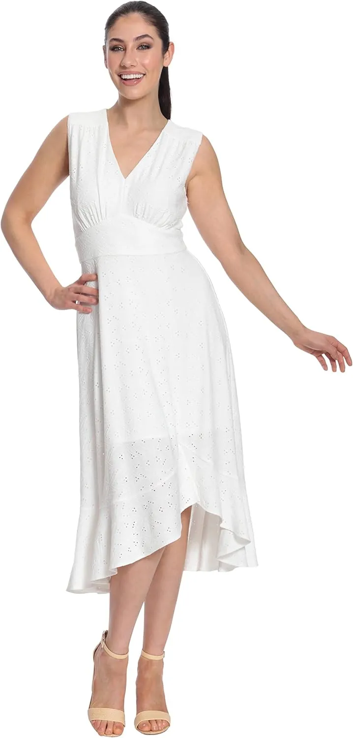 London Times Women's Sleeveless V-Neck Hi-Low Fit and Flare Dress