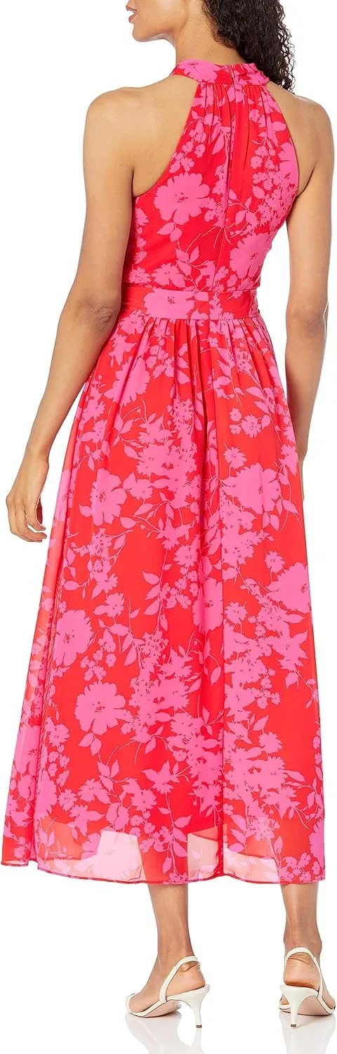 London Times Women's Twist Neck Feminine Chiffon Halter Maxi Dress Occasion Guest of Mother of The Bride