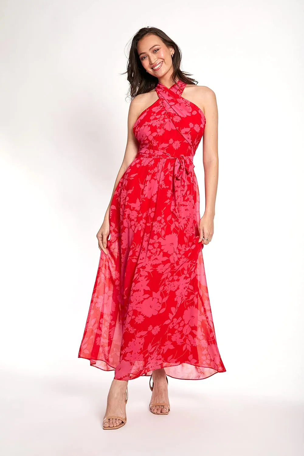 London Times Women's Twist Neck Feminine Chiffon Halter Maxi Dress Occasion Guest of Mother of The Bride